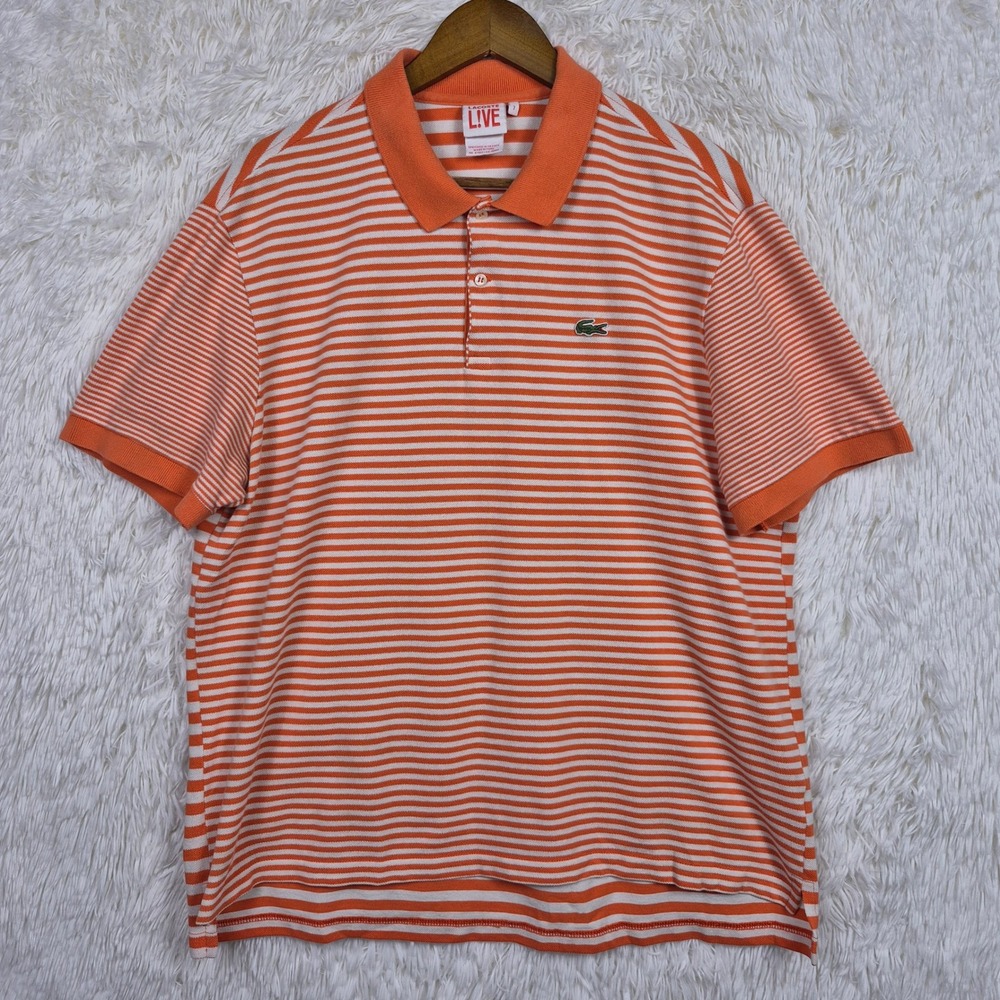 Lacoste LIVE Mens Orange White Multi Striped Cotton Pique Polo Shirt Size 7 XXL
